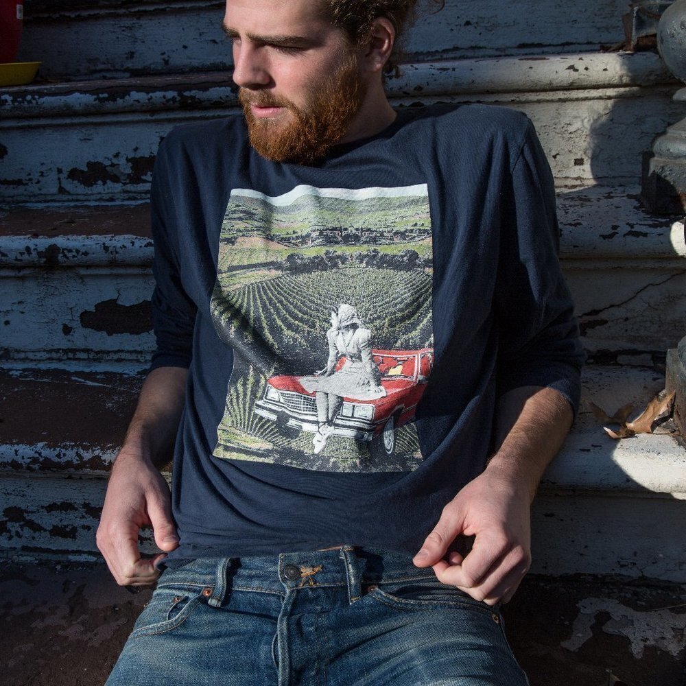 Handmade Graphic Long Sleeve Tee •“Lookout” Collage Art • Retro Scenic Vineyard